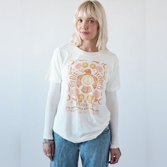 NWOT Midnight Rider Nudies Rodeo Peace Dove Unisex Tee In Coconut Milk Size XXL - Picture 1 of 9